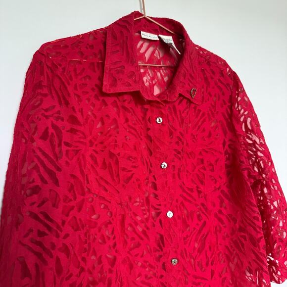 White Stag Shirt Women XL Red Sheer Romantic Coquette Vintage 90s Whimsical Vamp - Picture 3 of 6